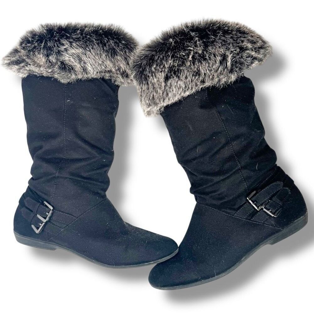 Report Rylie Black Faux Suede Fur Lined Boots Buckles Pull On Women’s Size 8.5